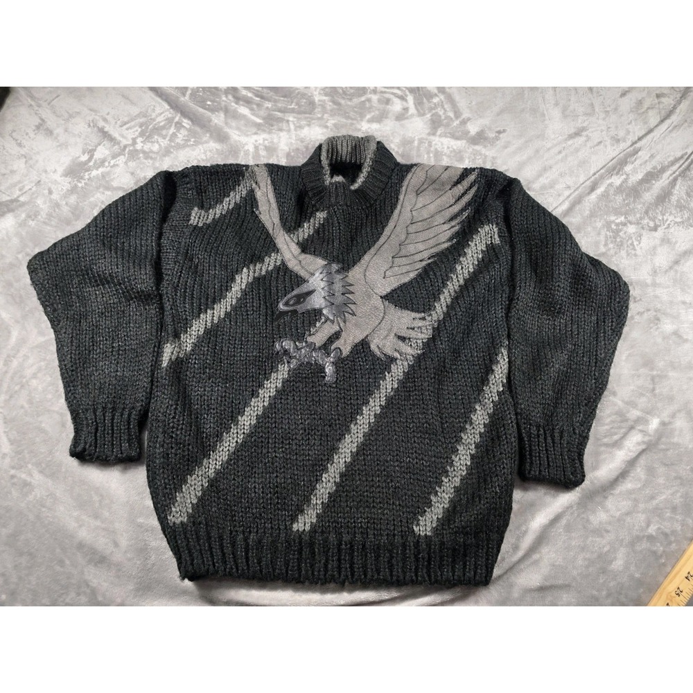 Vintage 90's Chunky Knit Screaming Eagle Sweater Men's Black/Gray Size Medium